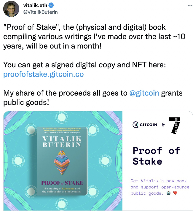 V神:新书《ProofofStake》即将出版,读者可在Gitcoin上捐赠并获取纪念NFT